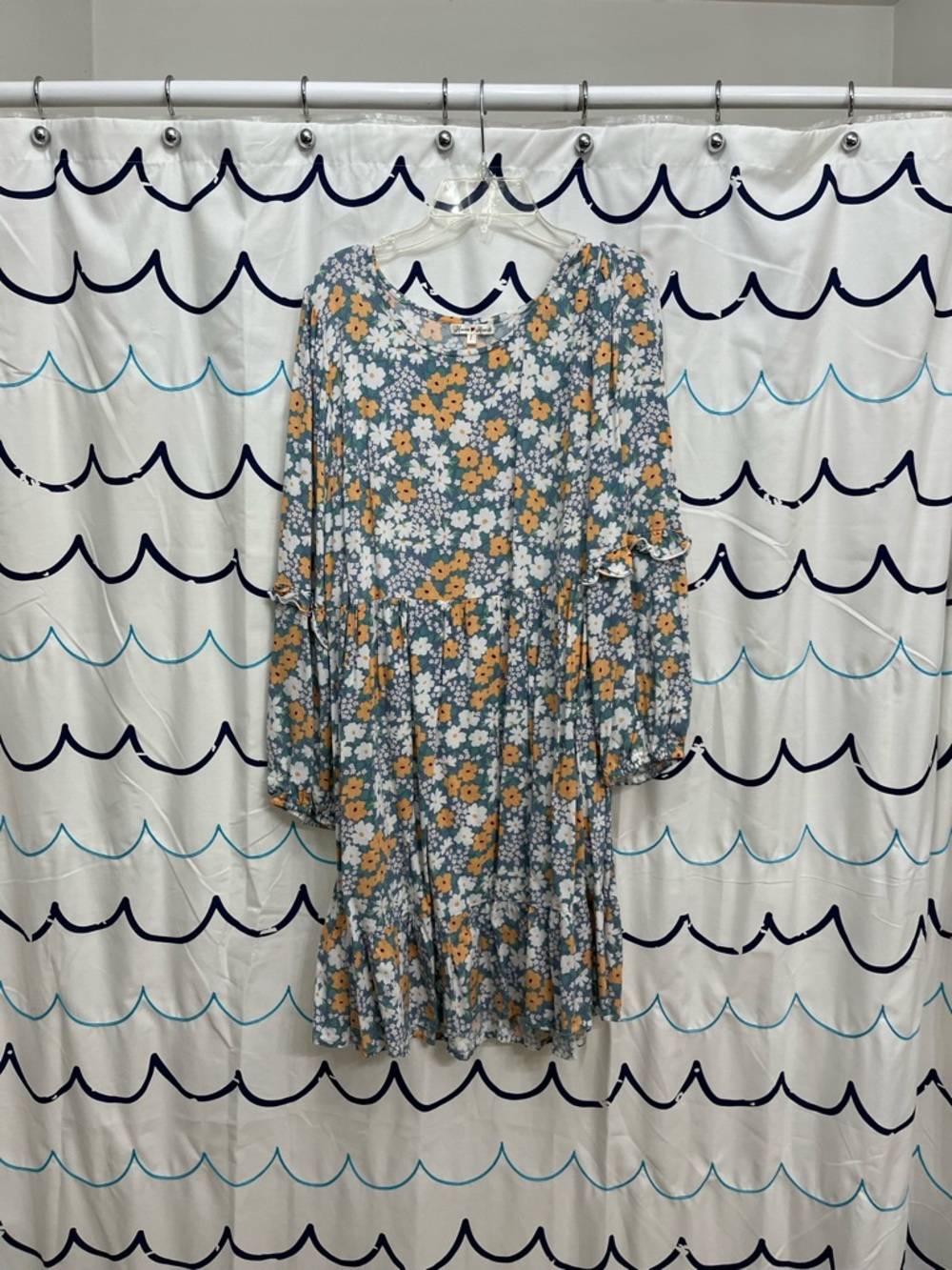 Floral Tiered Long Sleeve Dress in Blue and Mustard